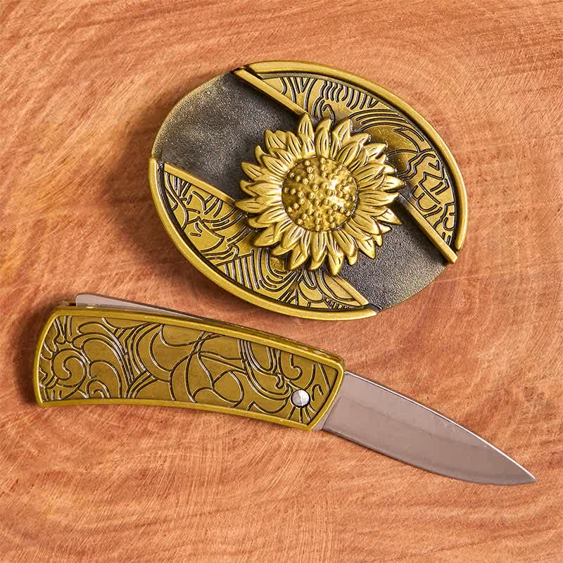 Cintura in pelle con coltello pieghevole nascosto a forma di girasole in bronzo fai da te da uomo - image 2