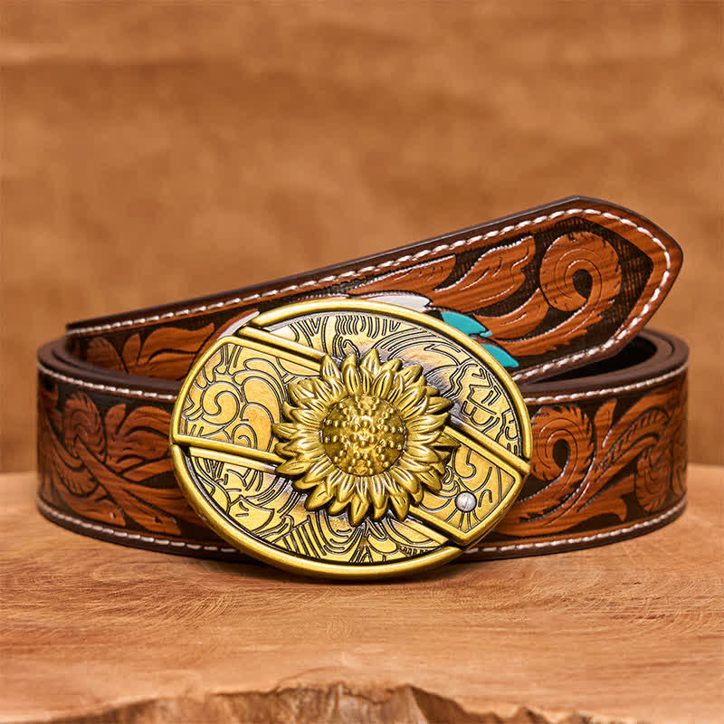Cintura in pelle con coltello pieghevole nascosto a forma di girasole in bronzo fai da te da uomo - Girasole - Cintura di piume marroni - 40 - image 10