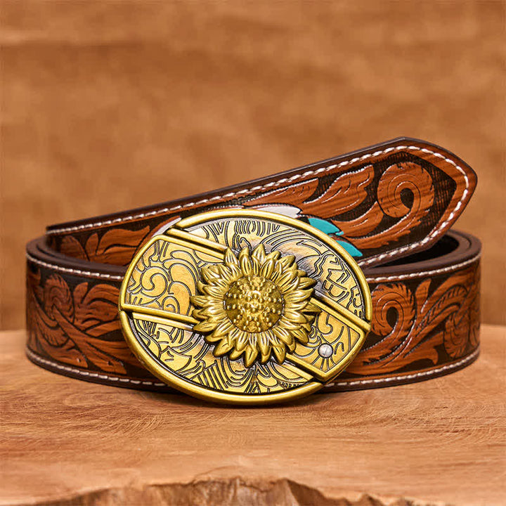 Cintura in pelle con coltello pieghevole nascosto a forma di girasole in bronzo fai da te da uomo - Girasole - Cintura di piume marroni - 40 - image 10