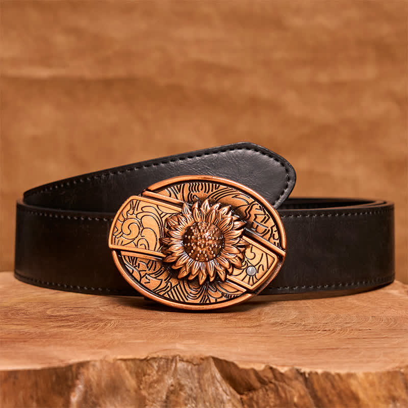 Cintura in pelle con coltello pieghevole nascosto a forma di girasole in bronzo rosso fai da te da uomo - Girasole - Cintura nera in PU - 42 - image 5