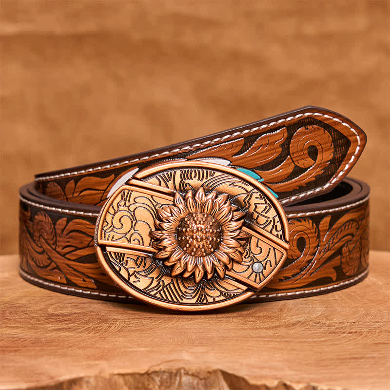 Cintura in pelle con coltello pieghevole nascosto a forma di girasole in bronzo rosso fai da te da uomo - Girasole - Cintura di piume marroni - 40 - image 10