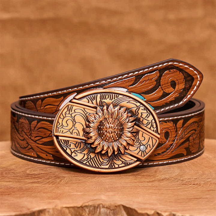 Cintura in pelle con coltello pieghevole nascosto a forma di girasole in bronzo rosso fai da te da uomo - Girasole - Cintura di piume marroni - 40 - image 10