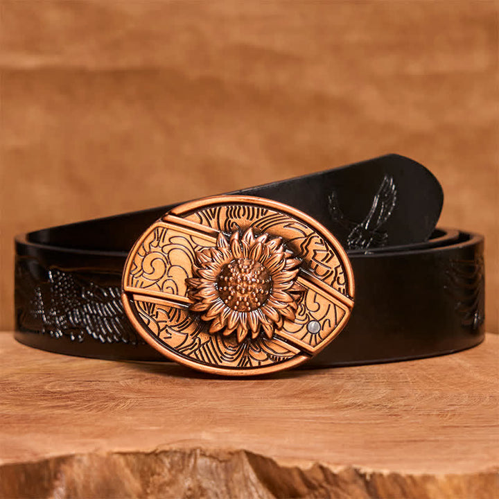 Cintura in pelle con coltello pieghevole nascosto a forma di girasole in bronzo rosso fai da te da uomo - Girasole - Cintura con aquila in rilievo nera - 42 - image 7