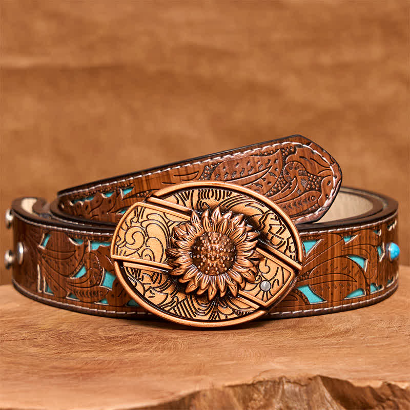 Cintura in pelle con coltello pieghevole nascosto a forma di girasole in bronzo rosso fai da te da uomo - Girasole - Cintura intagliata turchese - 42 - image 6