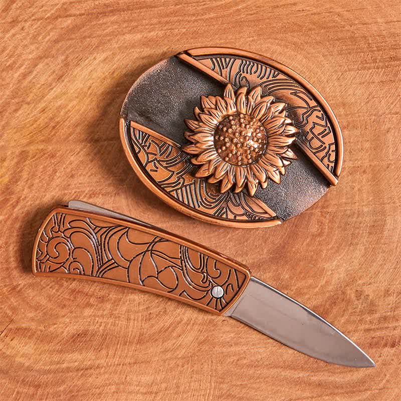 Cintura in pelle con coltello pieghevole nascosto a forma di girasole in bronzo rosso fai da te da uomo - image 2