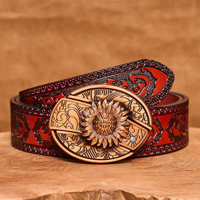 Cintura in pelle con coltello pieghevole nascosto a forma di girasole in bronzo rosso fai da te da uomo - Girasole - Cintura marrone intagliata - 42 - image 8