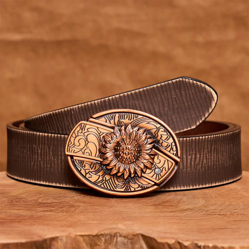 Cintura in pelle con coltello pieghevole nascosto a forma di girasole in bronzo rosso fai da te da uomo - Girasole - Cintura marrone anticata - 42 - image 9