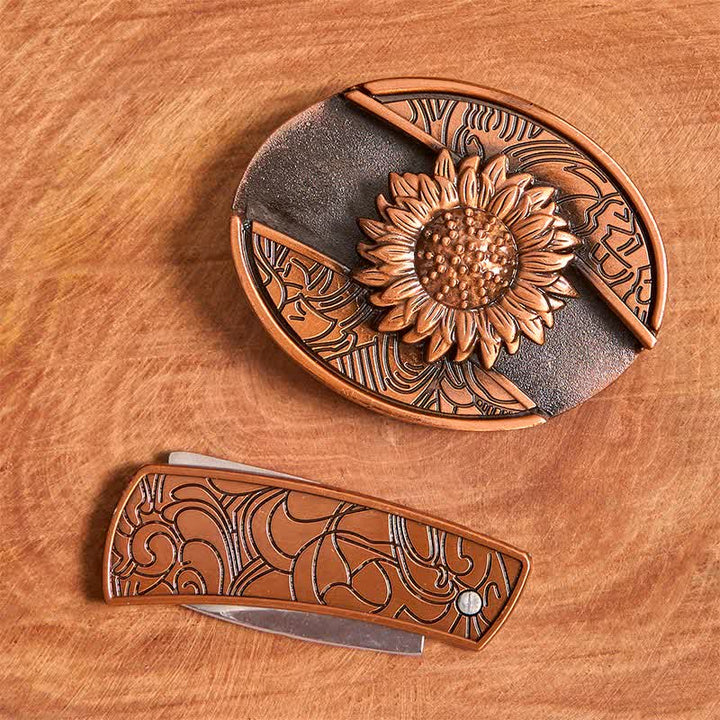 Cintura in pelle con coltello pieghevole nascosto a forma di girasole in bronzo rosso fai da te da uomo - image 4