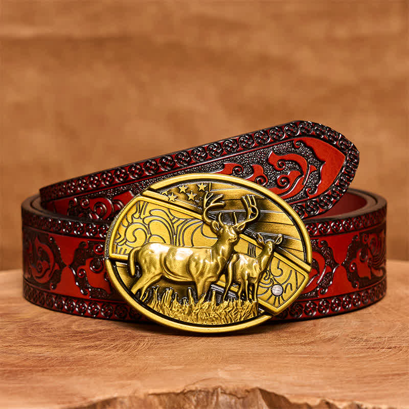 Cintura in pelle con coltello pieghevole nascosto Dual Deers in bronzo fai da te da uomo - Cervi doppi - Cintura marrone intagliata - 42 - image 8