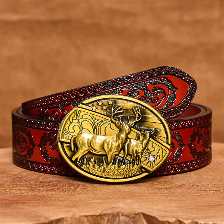 Cintura in pelle con coltello pieghevole nascosto Dual Deers in bronzo fai da te da uomo - Cervi doppi - Cintura marrone intagliata - 42 - image 8