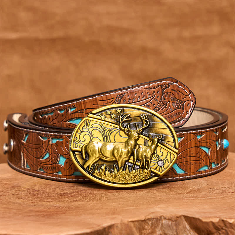Cintura in pelle con coltello pieghevole nascosto Dual Deers in bronzo fai da te da uomo - Cervi doppi - Cintura intagliata turchese - 42 - image 6