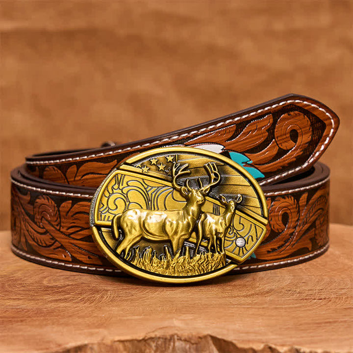 Cintura in pelle con coltello pieghevole nascosto Dual Deers in bronzo fai da te da uomo - Cervi doppi - Cintura di piume marroni - 40 - image 10