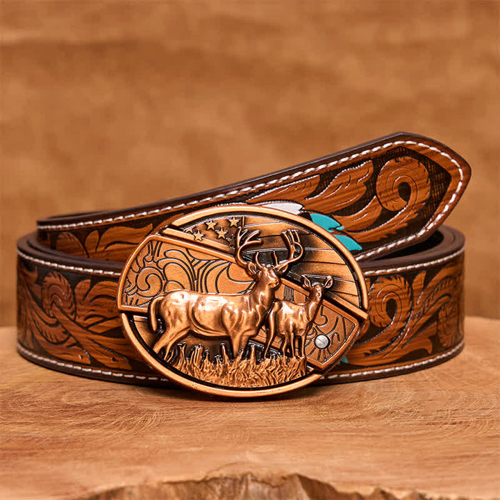 Cintura in pelle con coltello pieghevole nascosto Dual Deers in bronzo rosso fai da te da uomo - Cervi doppi - Cintura di piume marroni - 40 - image 10