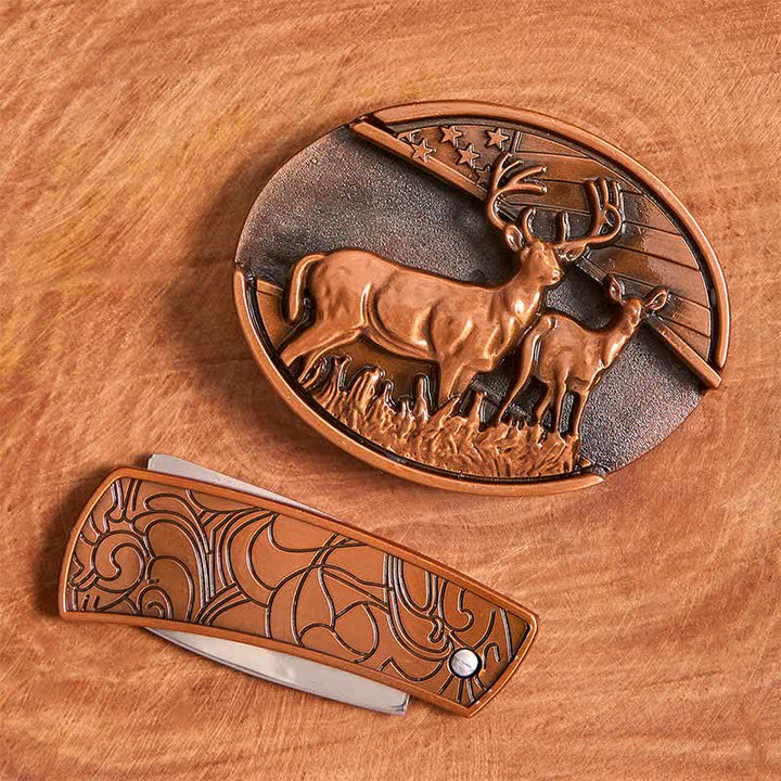 Cintura in pelle con coltello pieghevole nascosto Dual Deers in bronzo rosso fai da te da uomo - image 3