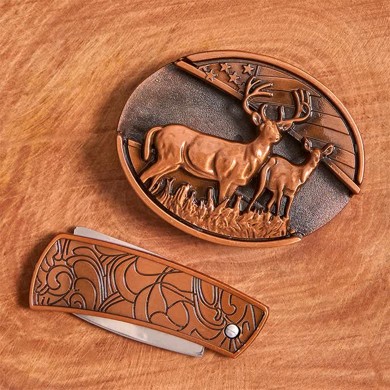 Cintura in pelle con coltello pieghevole nascosto Dual Deers in bronzo rosso fai da te da uomo - image 4