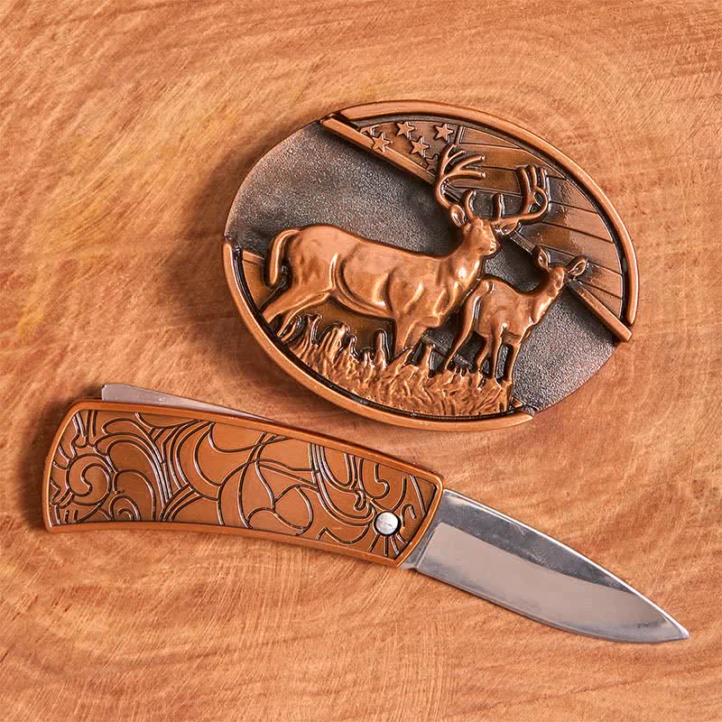Cintura in pelle con coltello pieghevole nascosto Dual Deers in bronzo rosso fai da te da uomo - image 2