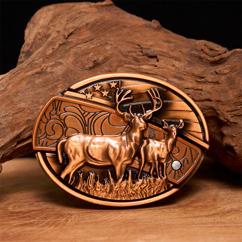 Cintura in pelle con coltello pieghevole nascosto Dual Deers in bronzo rosso fai da te da uomo - Cervi doppi - Senza cintura - Cintura non inclusa - image 1
