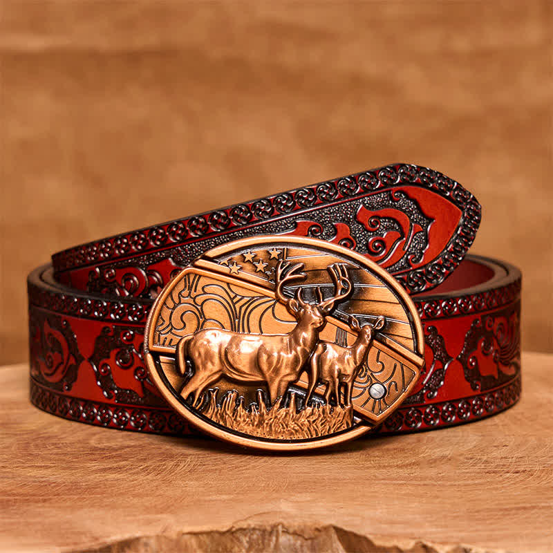 Cintura in pelle con coltello pieghevole nascosto Dual Deers in bronzo rosso fai da te da uomo - Cervi doppi - Cintura marrone intagliata - 42 - image 8