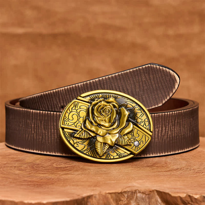 Cintura in pelle con coltello pieghevole nascosto in bronzo rosa fai da te da uomo - Rosa - Cintura marrone anticata - 42 - image 9