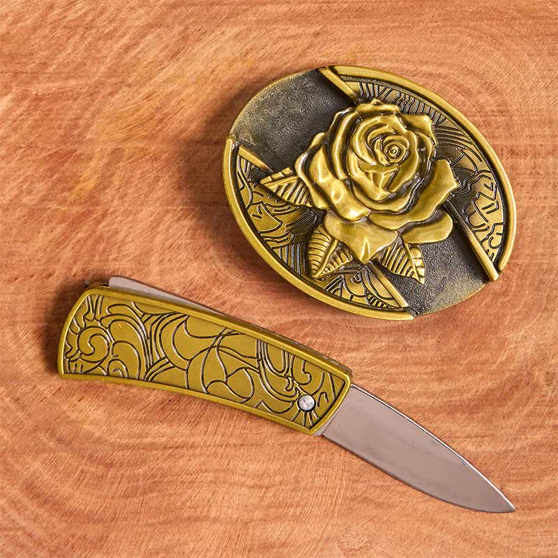 Cintura in pelle con coltello pieghevole nascosto in bronzo rosa fai da te da uomo - image 1