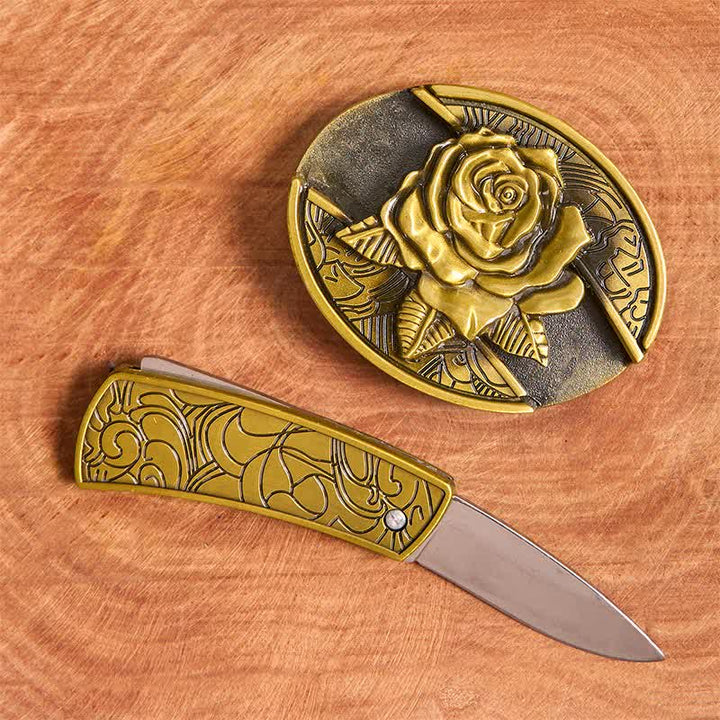 Cintura in pelle con coltello pieghevole nascosto in bronzo rosa fai da te da uomo - image 1