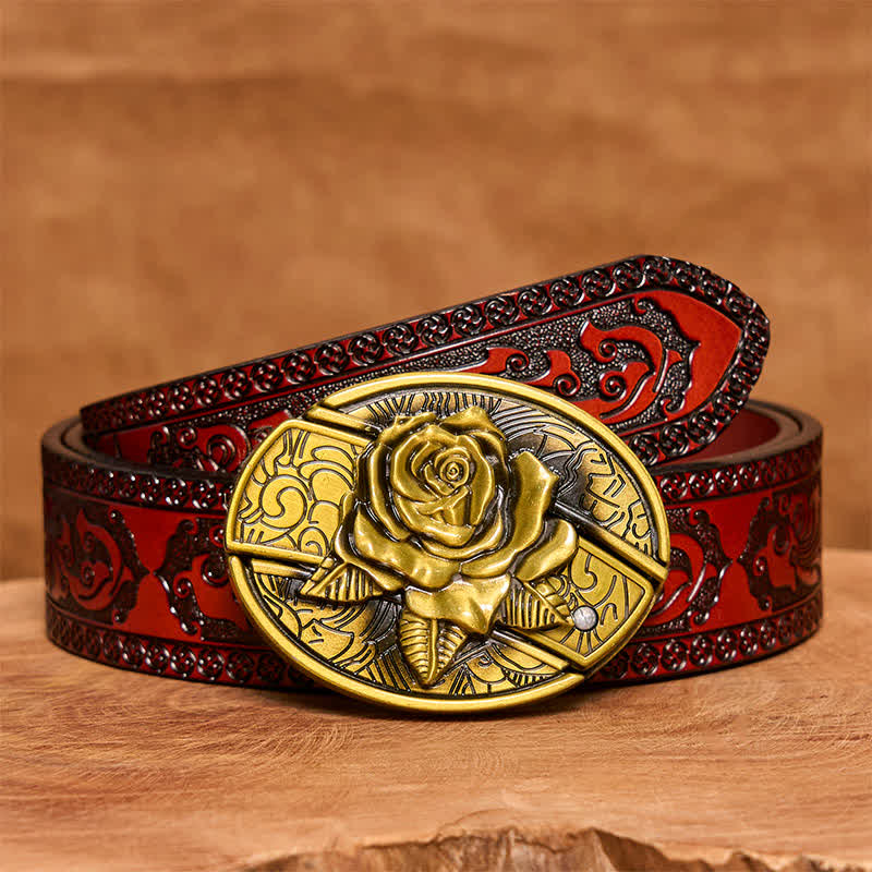 Cintura in pelle con coltello pieghevole nascosto in bronzo rosa fai da te da uomo - Rosa - Cintura marrone intagliata - 42 - image 8