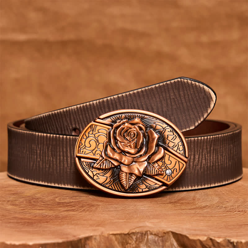 Cintura in pelle con coltello pieghevole nascosto in bronzo rosso fai da te da uomo - Rosa - Cintura marrone anticata - 42 - image 9