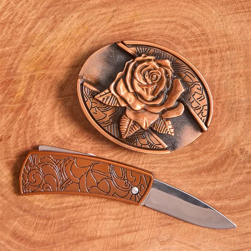 Cintura in pelle con coltello pieghevole nascosto in bronzo rosso fai da te da uomo - image 1