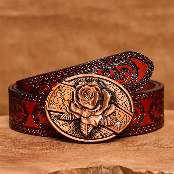 Cintura in pelle con coltello pieghevole nascosto in bronzo rosso fai da te da uomo - Rosa - Cintura marrone intagliata - 42 - image 7
