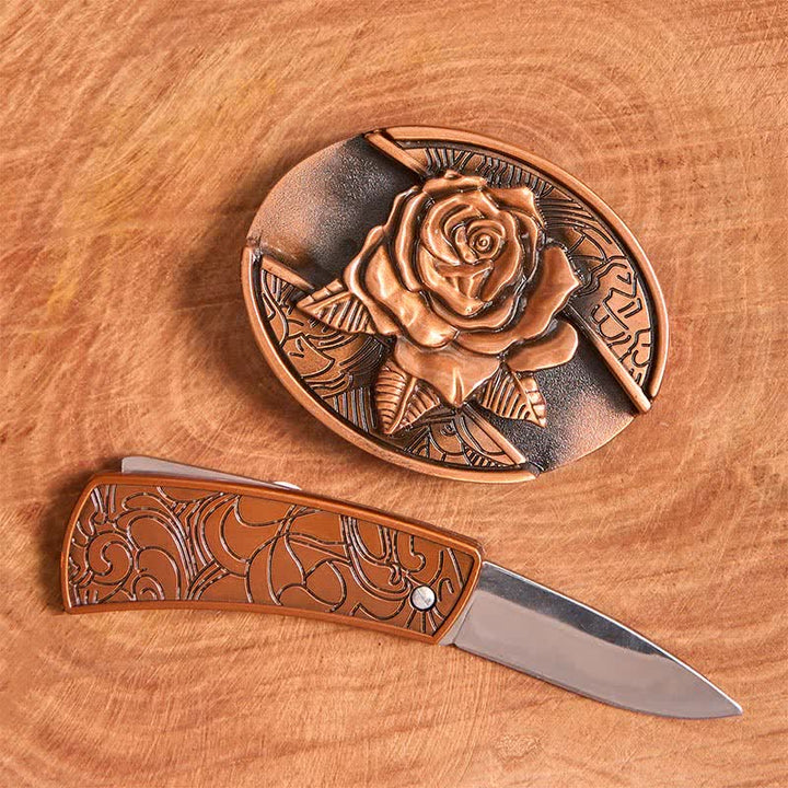 Cintura in pelle con coltello pieghevole nascosto in bronzo rosso fai da te da uomo - image 1