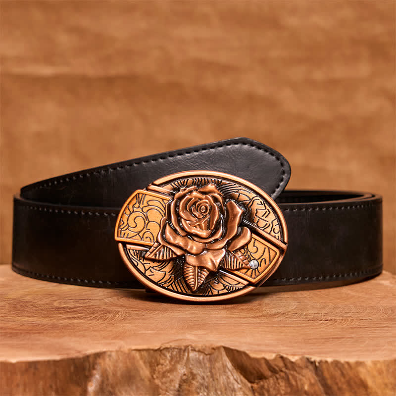 Cintura in pelle con coltello pieghevole nascosto in bronzo rosso fai da te da uomo - Rosa - Cintura nera in PU - 42 - image 4