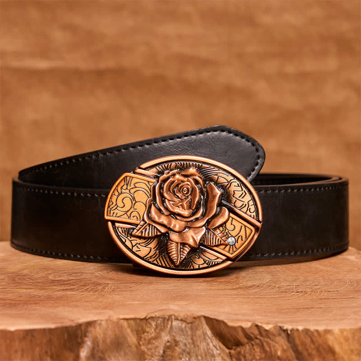 Cintura in pelle con coltello pieghevole nascosto in bronzo rosso fai da te da uomo - Rosa - Cintura nera in PU - 42 - image 4