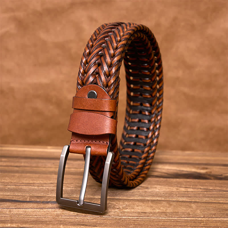 Cintura in pelle intrecciata a mano casual da uomo - Marrone - 44 - image 1