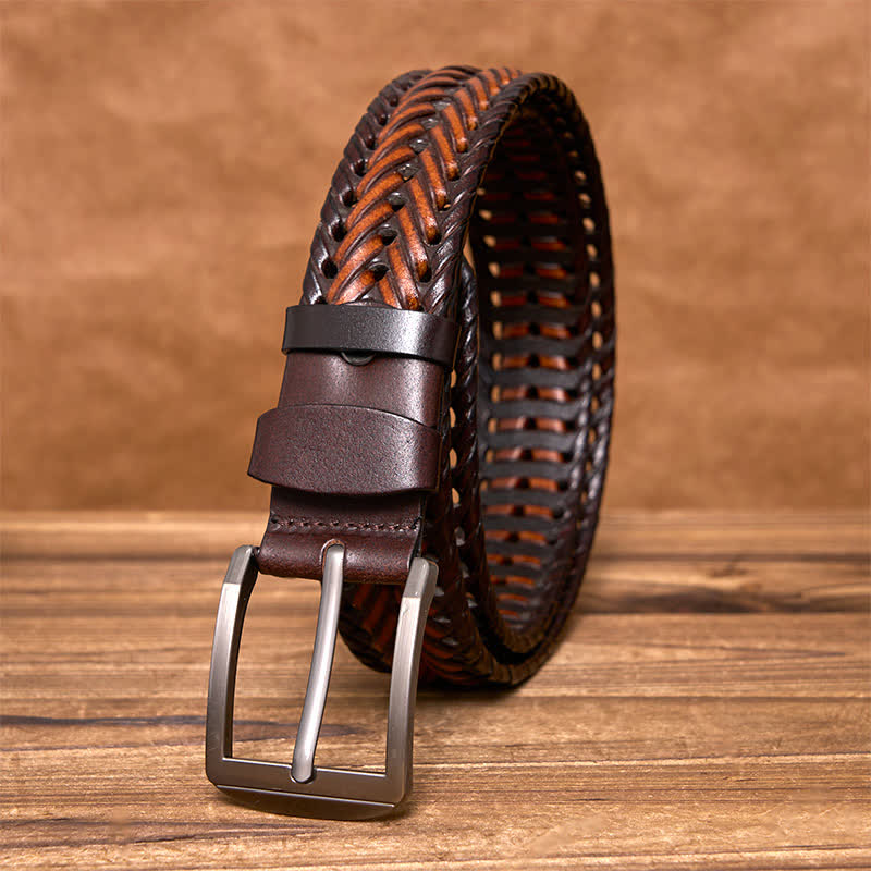 Cintura in pelle intrecciata a mano casual da uomo - Marrone e caffè - 44 - image 21