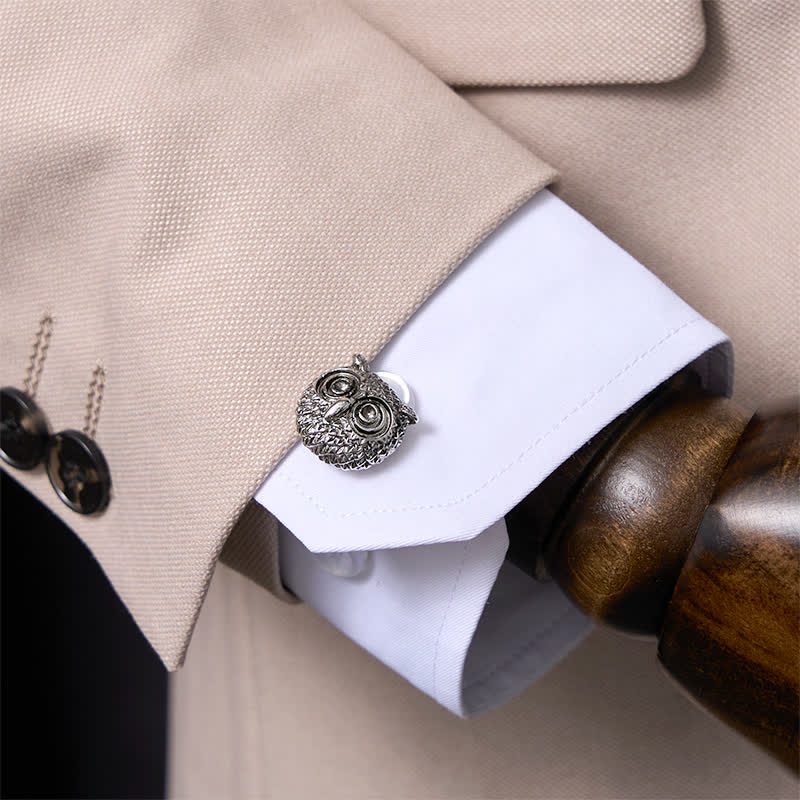 Gemelli da uomo in argento con testa di gufo, 1 paio - image 1