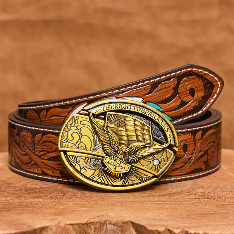 Cintura in pelle con coltello pieghevole nascosto con bandiera USA e aquila in bronzo fai da te da uomo - Aquila - Cintura di piume marroni - 40 - image 10