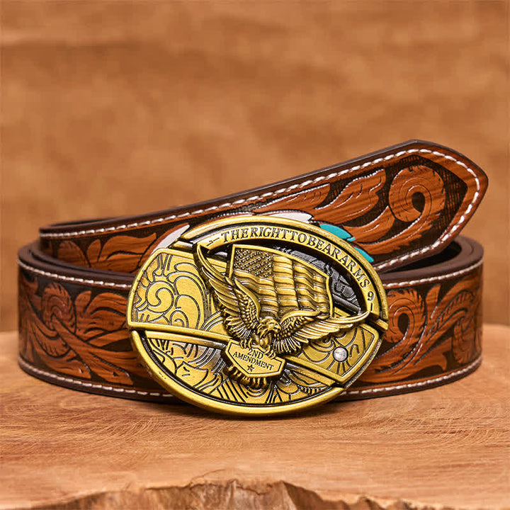 Cintura in pelle con coltello pieghevole nascosto con bandiera USA e aquila in bronzo fai da te da uomo - Aquila - Cintura di piume marroni - 40 - image 10