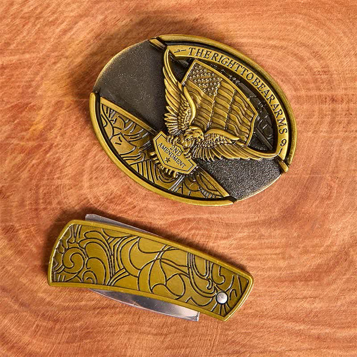 Cintura in pelle con coltello pieghevole nascosto con bandiera USA e aquila in bronzo fai da te da uomo - image 4