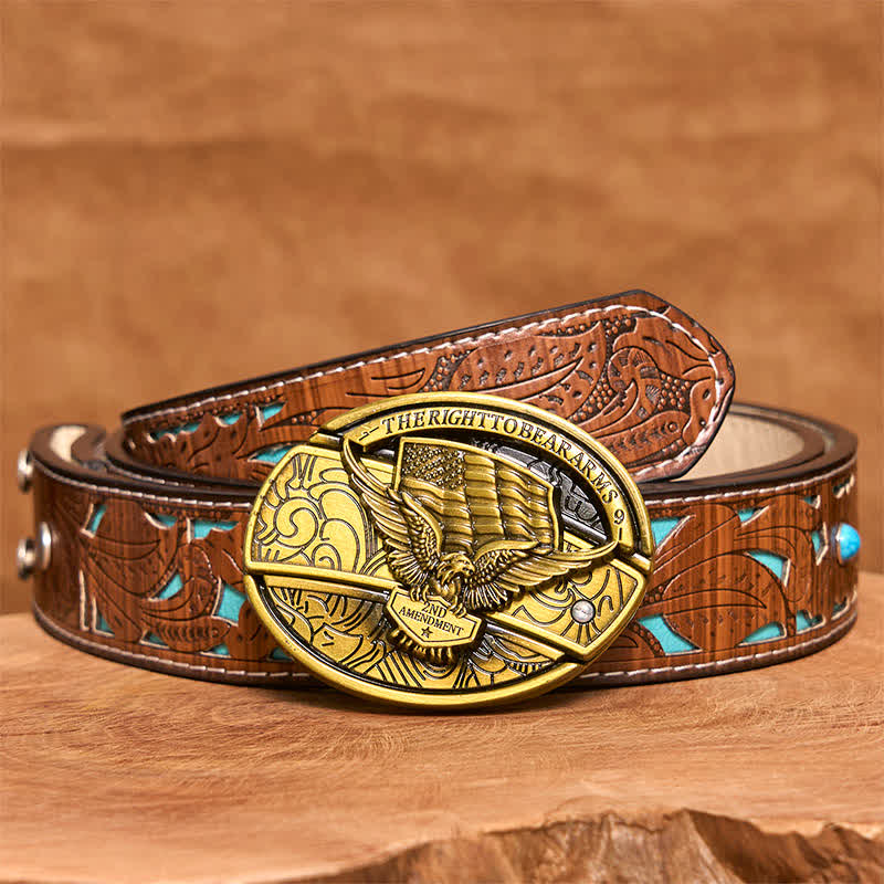 Cintura in pelle con coltello pieghevole nascosto con bandiera USA e aquila in bronzo fai da te da uomo - Aquila - Cintura intagliata turchese - 42 - image 6