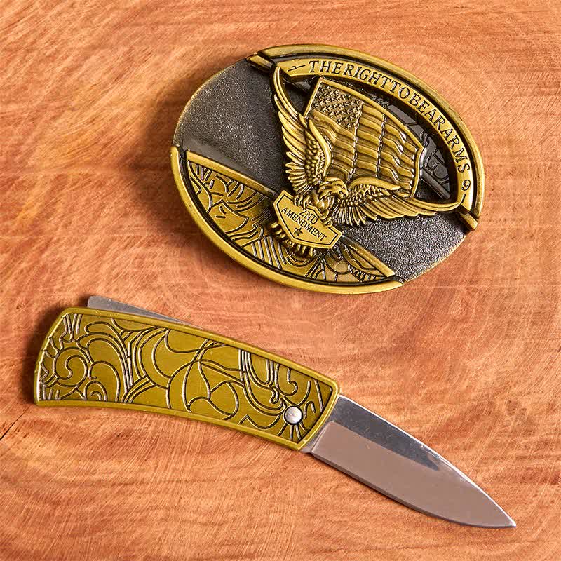 Cintura in pelle con coltello pieghevole nascosto con bandiera USA e aquila in bronzo fai da te da uomo - image 2