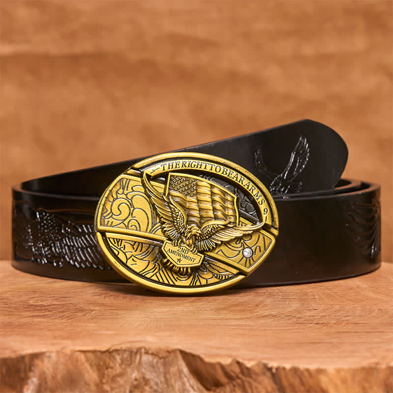 Cintura in pelle con coltello pieghevole nascosto con bandiera USA e aquila in bronzo fai da te da uomo - Aquila - Cintura con aquila in rilievo nera - 42 - image 7