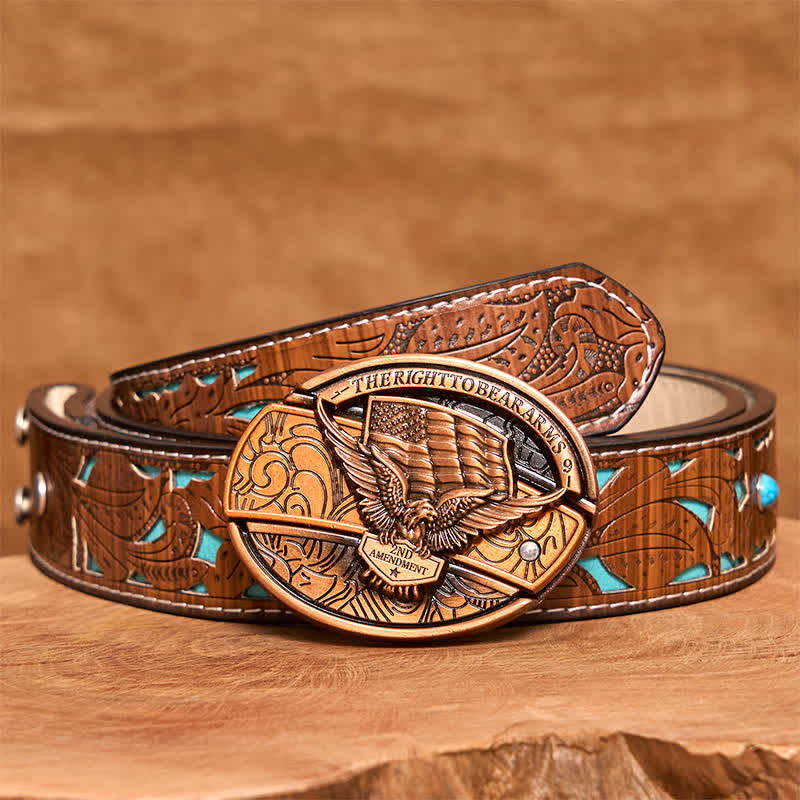 Cintura in pelle con coltello pieghevole nascosto con bandiera USA e aquila in bronzo rosso fai da te da uomo - Aquila - Cintura intagliata turchese - 42 - image 6