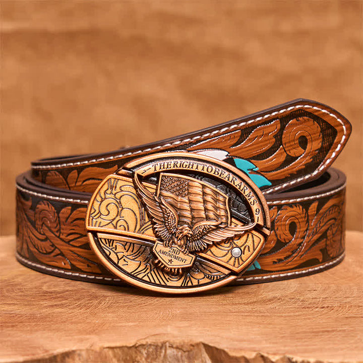 Cintura in pelle con coltello pieghevole nascosto con bandiera USA e aquila in bronzo rosso fai da te da uomo - Aquila - Cintura di piume marroni - 40 - image 10