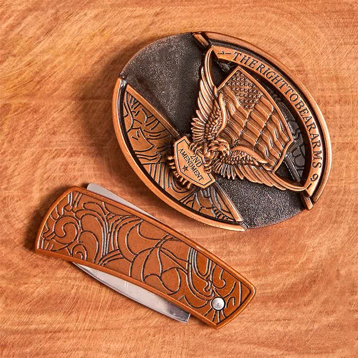 Cintura in pelle con coltello pieghevole nascosto con bandiera USA e aquila in bronzo rosso fai da te da uomo - image 4