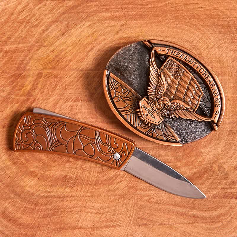 Cintura in pelle con coltello pieghevole nascosto con bandiera USA e aquila in bronzo rosso fai da te da uomo - image 2