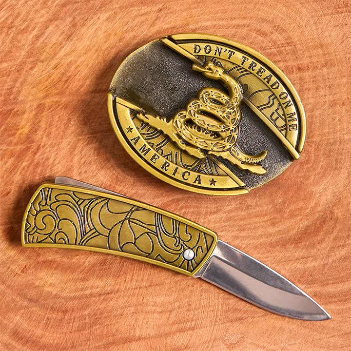 Cintura in pelle con coltello pieghevole nascosto in bronzo a forma di serpente fai da te da uomo - image 1