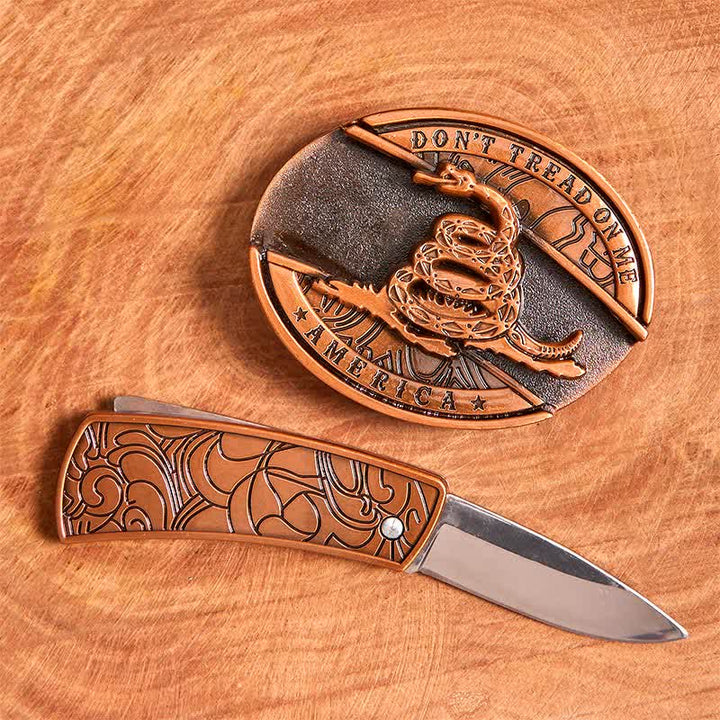 Cintura in pelle con coltello pieghevole nascosto in bronzo rosso fai da te da uomo - image 2