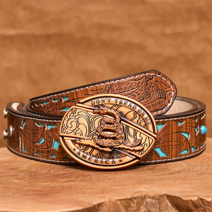 Cintura in pelle con coltello pieghevole nascosto in bronzo rosso fai da te da uomo - Serpente - Cintura intagliata turchese - 42 - image 6