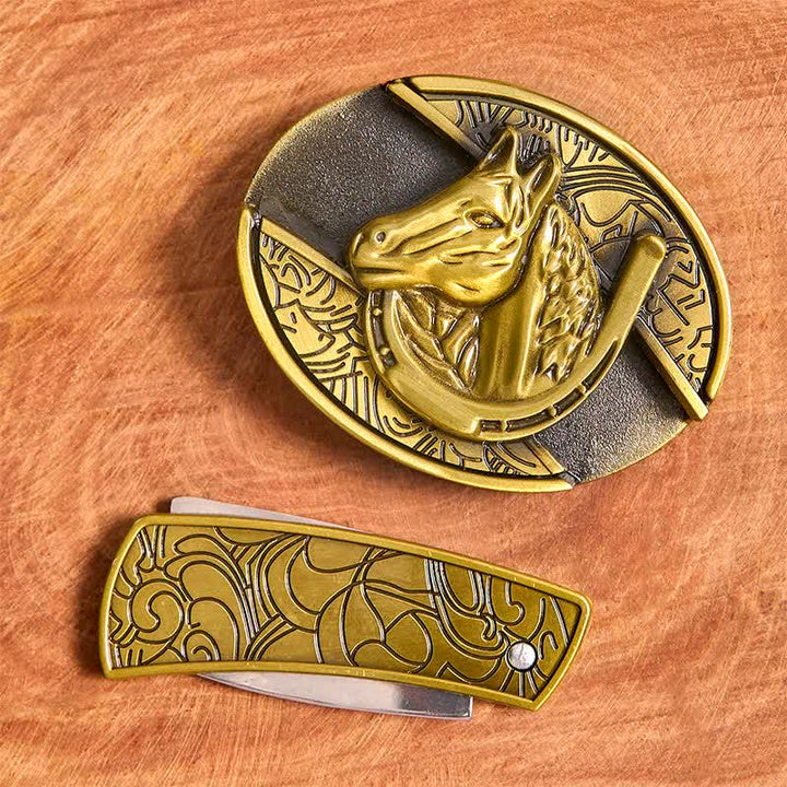 Cintura in pelle con coltello pieghevole nascosto a forma di testa di cavallo in bronzo fai da te da uomo - image 3