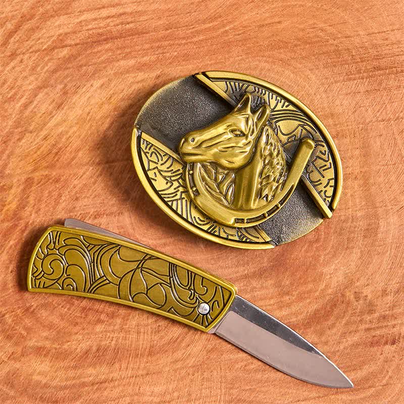 Cintura in pelle con coltello pieghevole nascosto a forma di testa di cavallo in bronzo fai da te da uomo - image 2